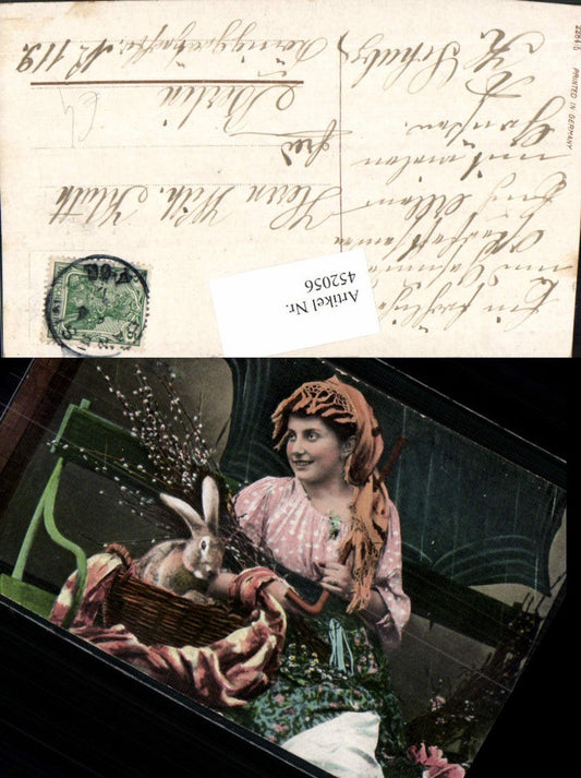 452056, Easter woman headscarf umbrella basket rabbit pussy willow
