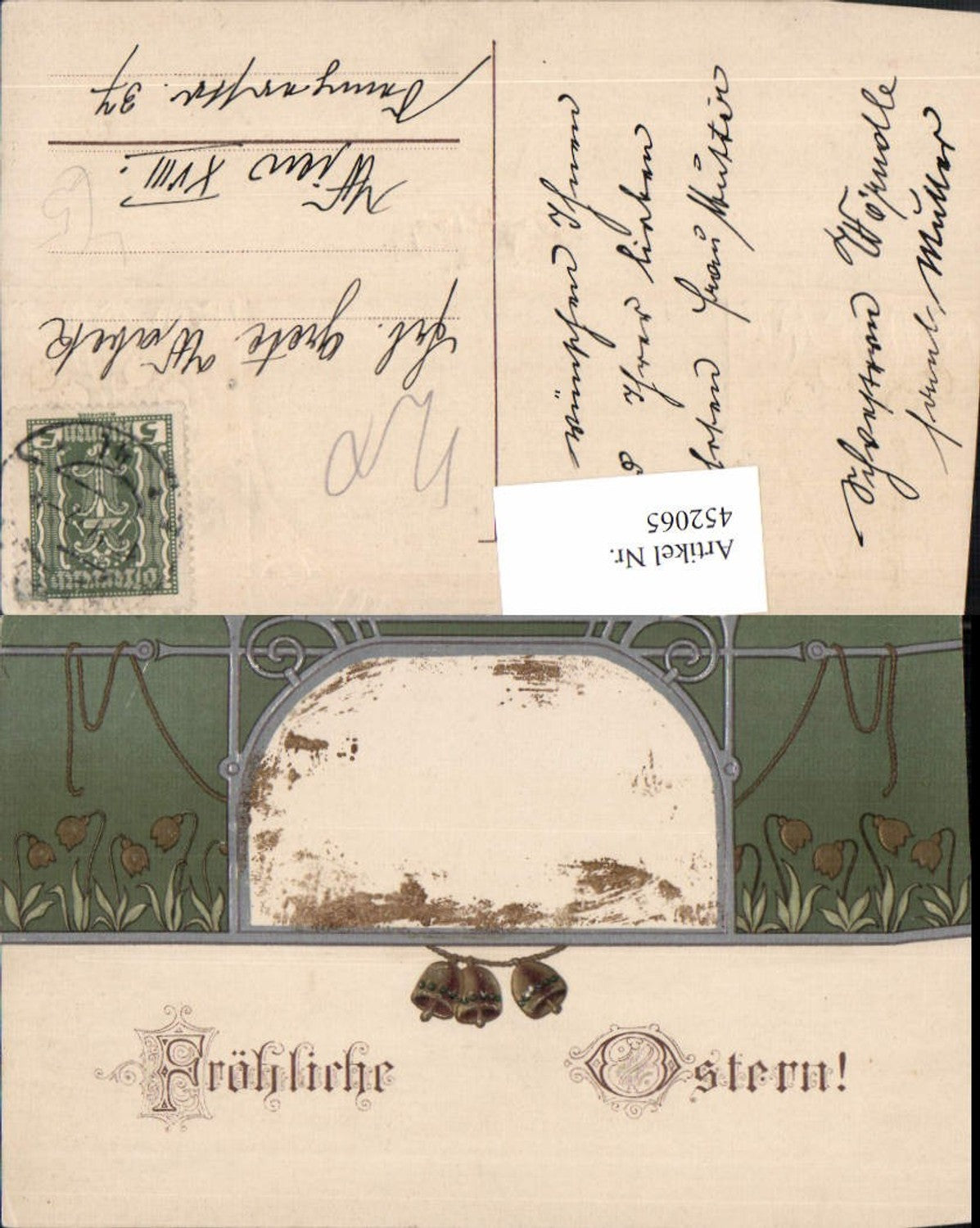 452065,Embossed Artist Lithograph Easter Flowers Bells