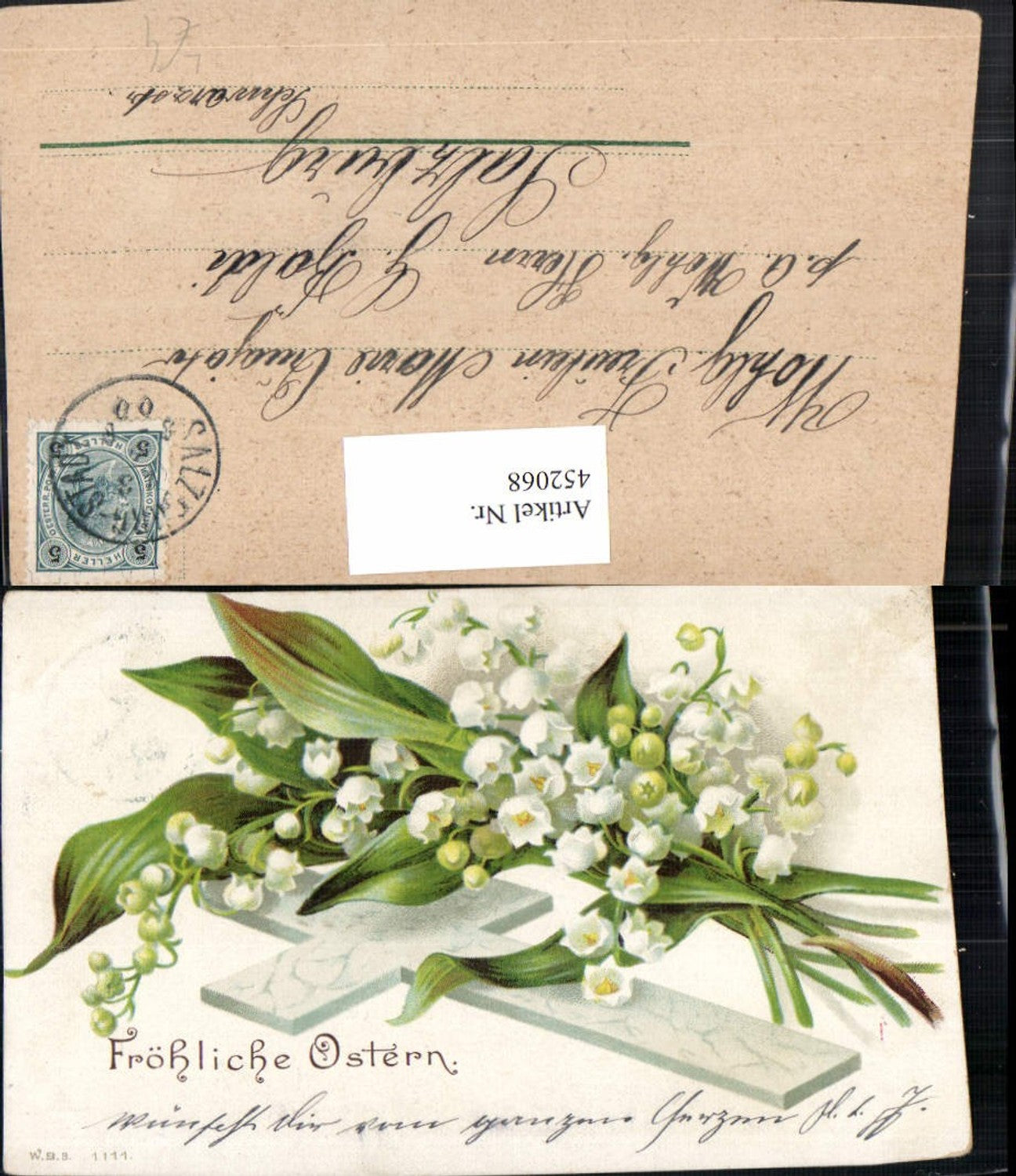 452068, Artist Lithograph Easter Lily of the Valley Flowers Cross
