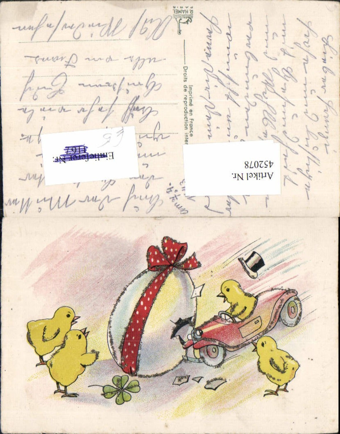 452078,Glitzer Künstler AK Ostern Küken Auto Ei Schleife