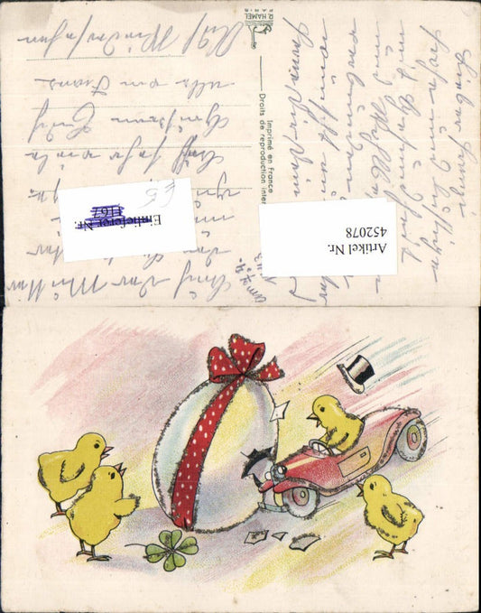 452078,Glitzer Künstler AK Ostern Küken Auto Ei Schleife