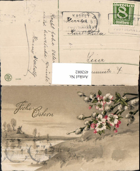 452082,Künstler AK Ostern Landschaft Windmühle Blüten Palmkätzchen