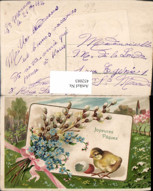 452083,Präge Künstler Litho Ostern Küken Blumen Palmkätzchen Schleife