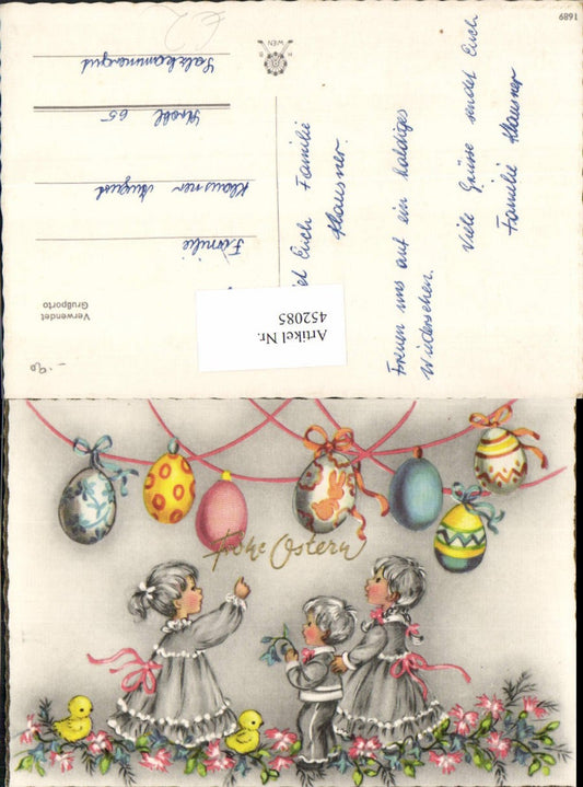 452085,Künstler AK Ostern Kinder Ostereier Eier Küken Blumen