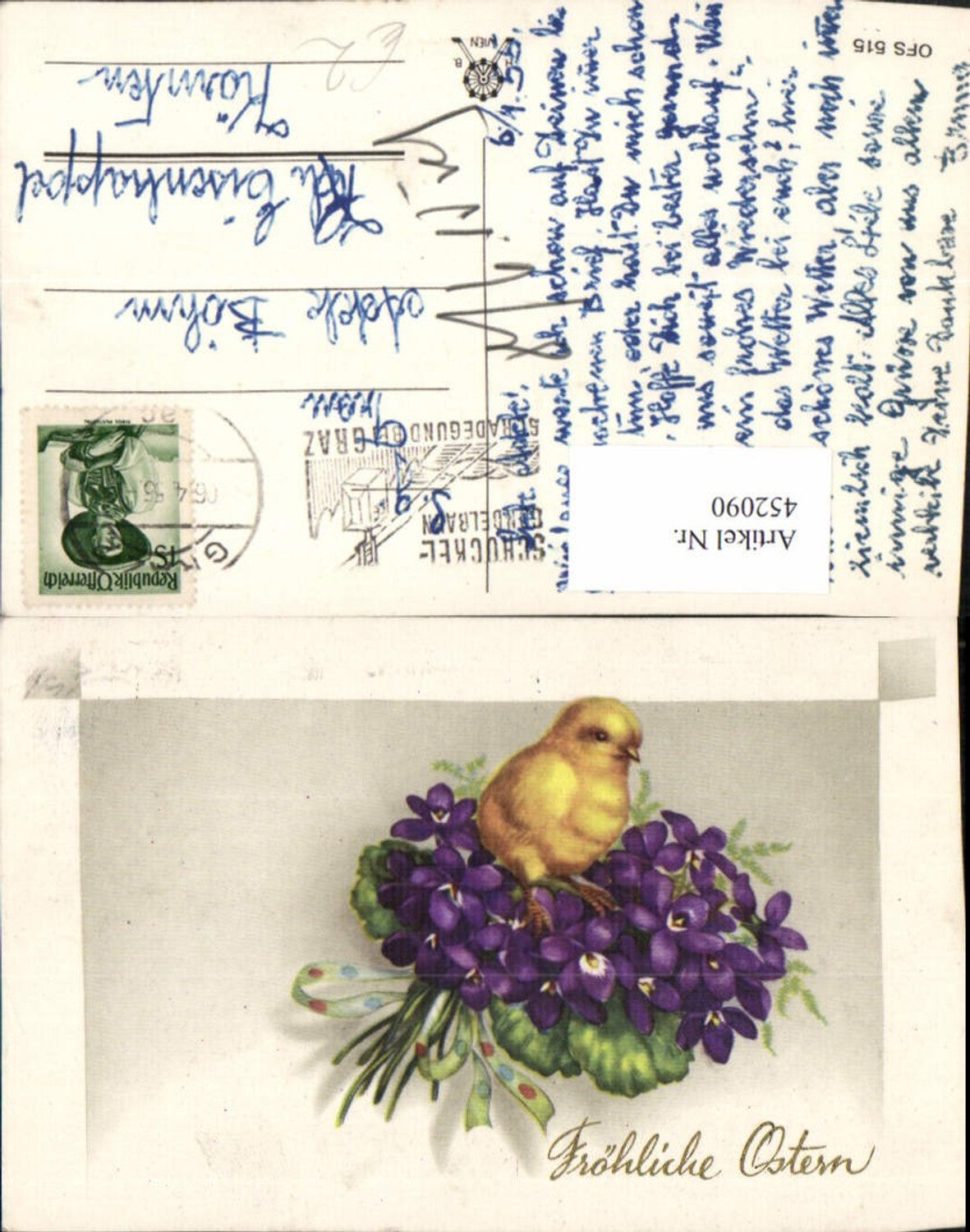 452090,Künstler AK Ostern Küken Blumen Veilchen