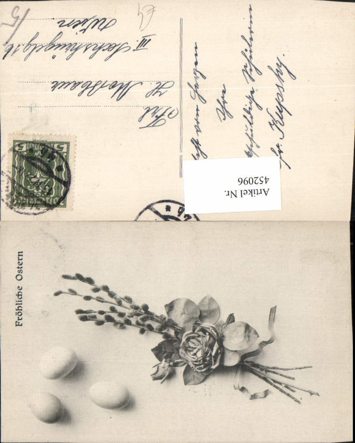 452096,Künstler AK Ostern Rose Palmkätzchen Eier