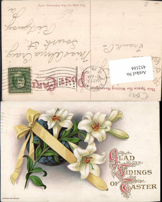 452104, Embossed Lithograph Easter Lilies Flowers Ribbon