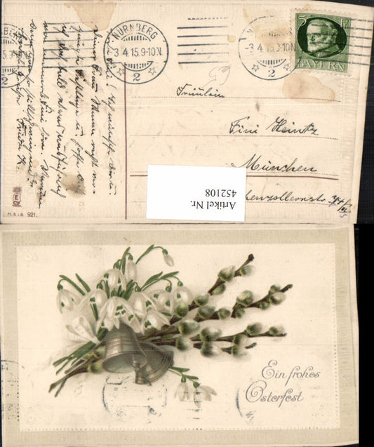 452108, embossed artist postcard Easter snowdrops pussy willows bells
