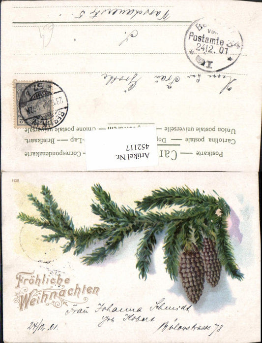 452117,Künstler AK Weihnachten Tannenzweig Zapfen