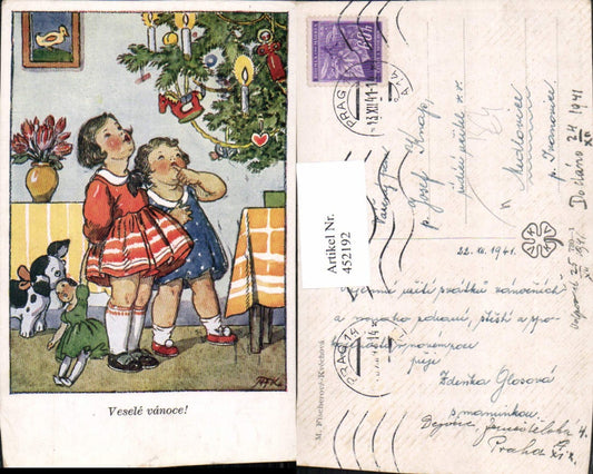 452192,Künstler AK M. Fischerova-Kvechova Weihnachten Kinder Puppe Hund