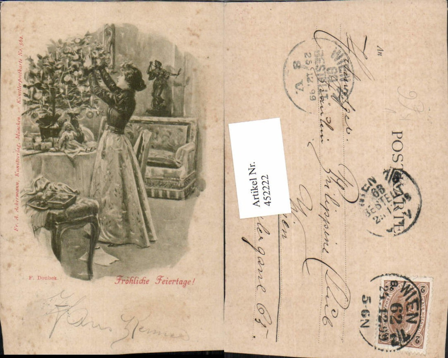 452222,Künstler AK F. Doubek Weihnachten Frau Christbaum pub Ackermann 562