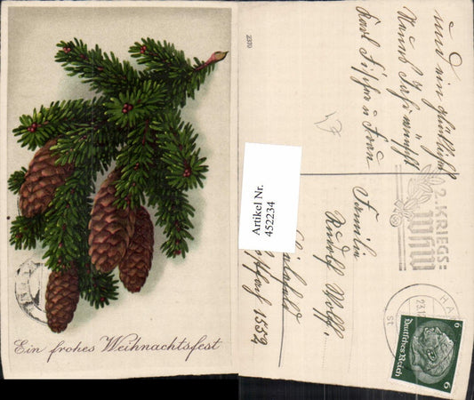 452234,Künstler AK Weihnachten Tannenzweig Zapfen