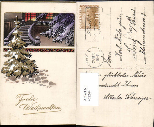 452244,Präge Künstler AK Goldverzierung Weihnachten Tannenbaum Stiege