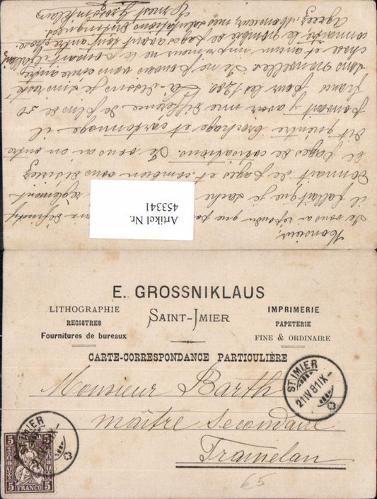 453341,Ganzsache Reklame E. Grossniklaus Saint-.Jmier