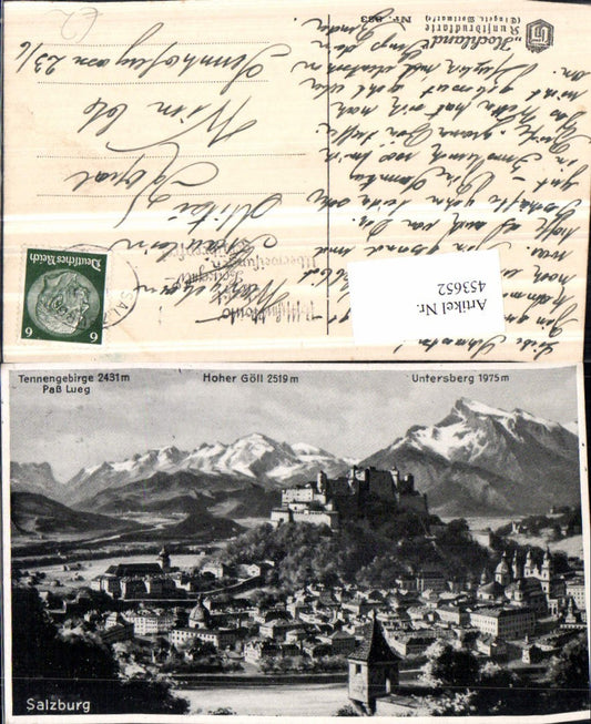 453652,Künstler AK Salzburg Totale m. Festung geg. Untersberg Bergkulisse
