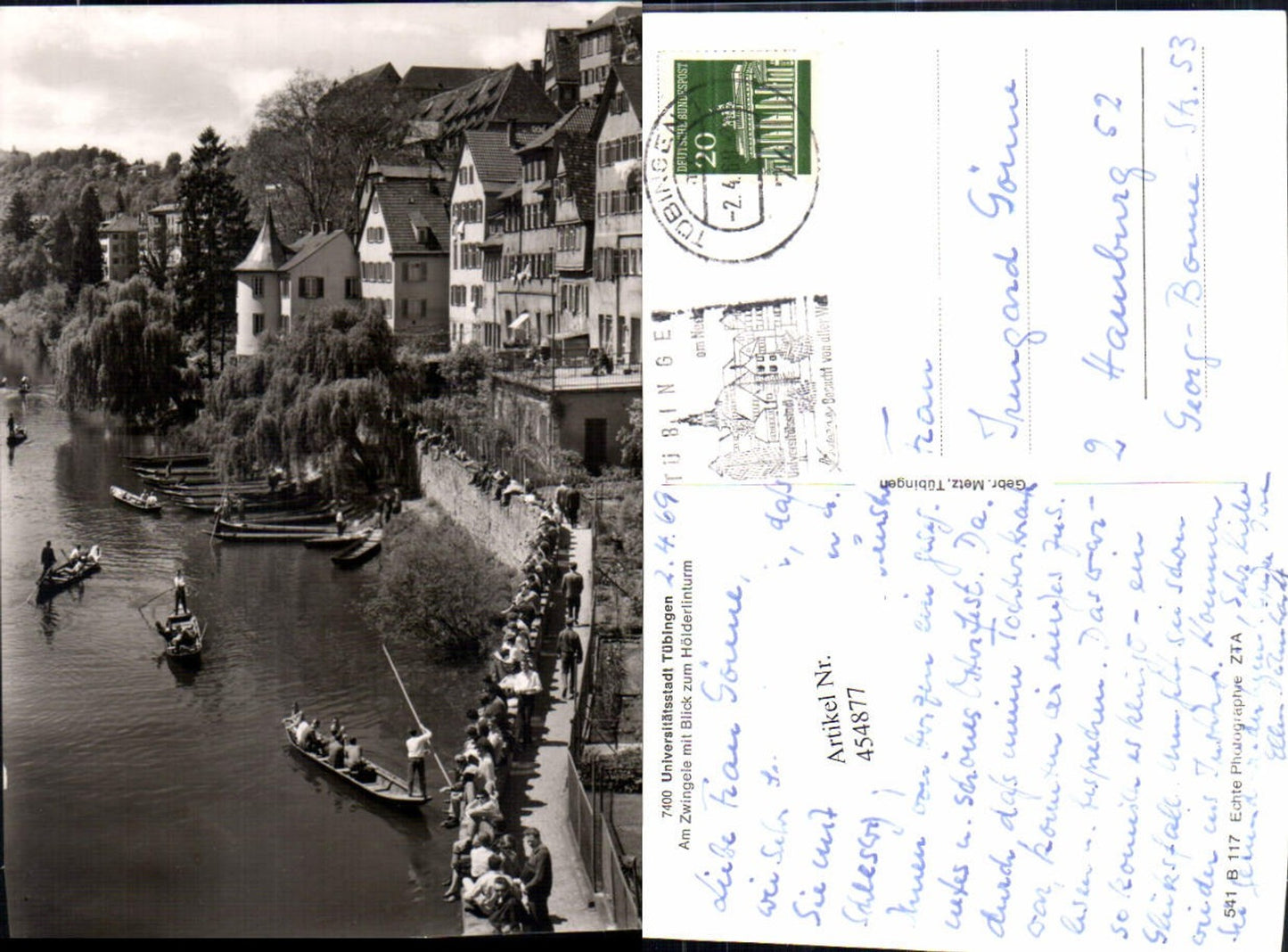 454877,Tübingen Am Zwingele m. Blick zum Hölderlinturm Boote