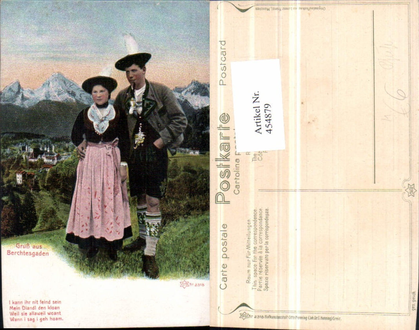 454879, Greetings from Berchtesgaden, partial view of traditional costume, couple, pipe, mountain scenery