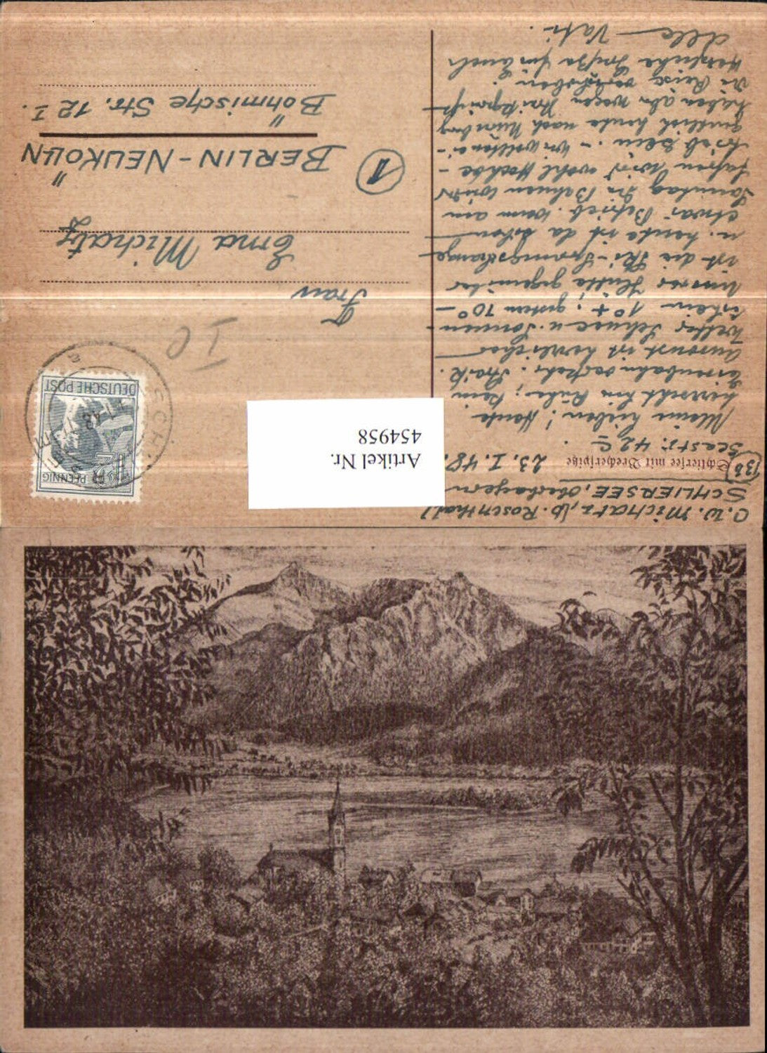 454958,Künstler AK Schliersee Teilansicht m. Brecherspitze Bergkulisse