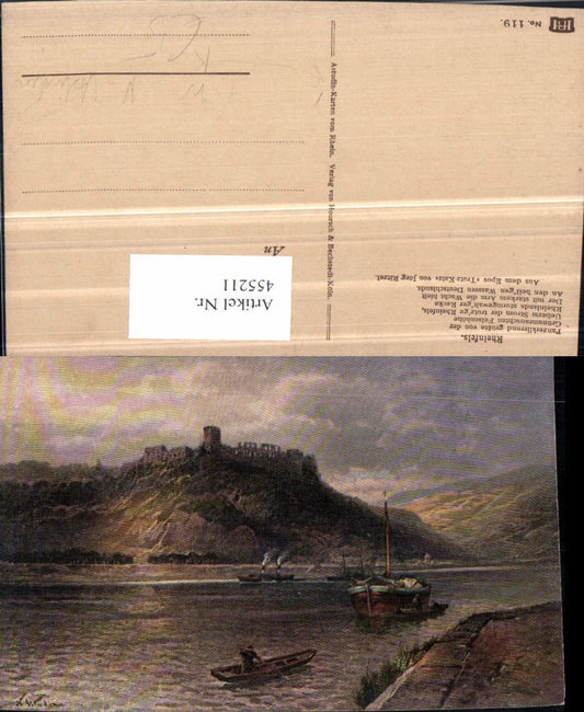455211,Künstler AK N. Astudin Rheinfels Burg b. St. Goar Boote