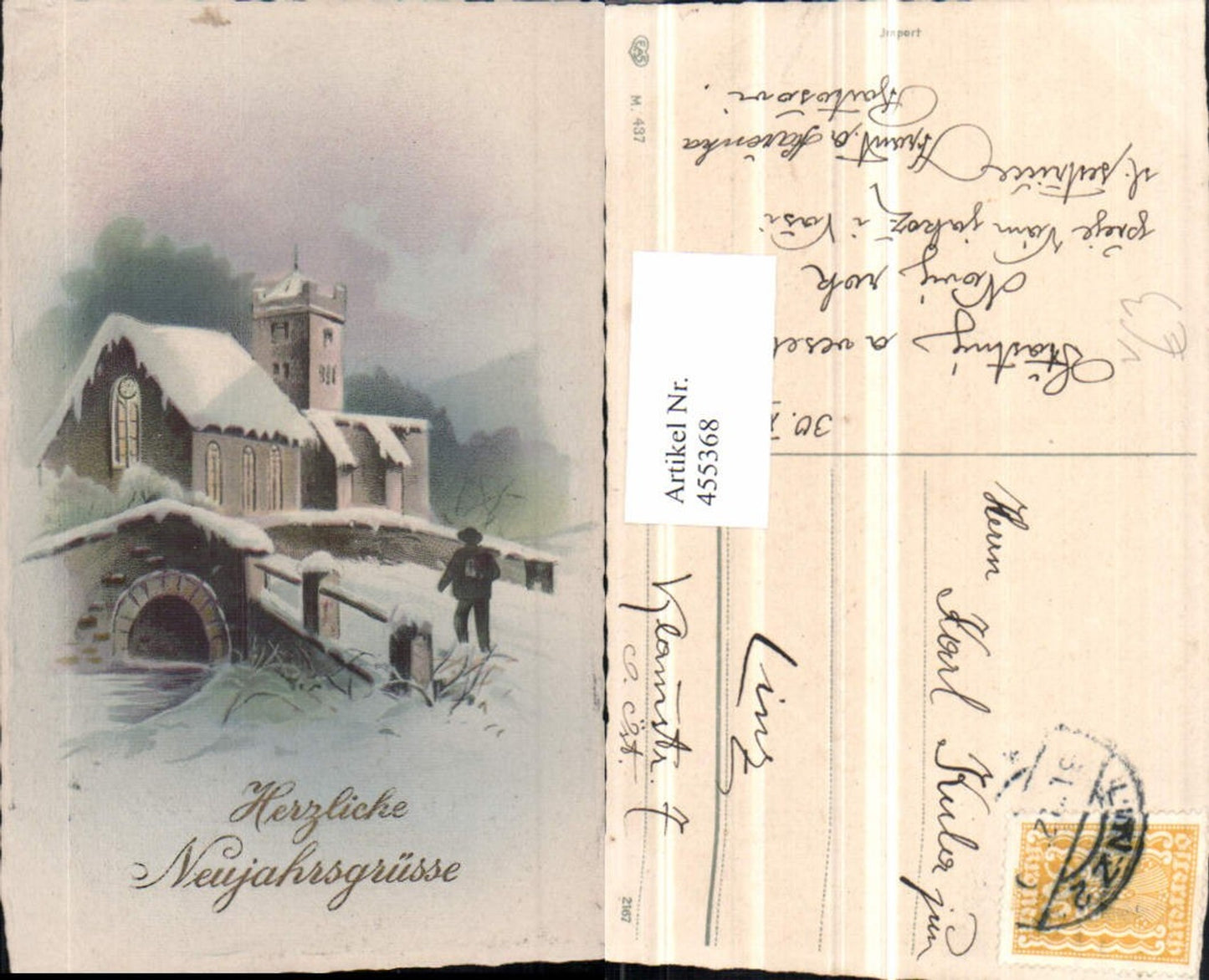 455368,Künstler AK Neujahr Kirche Brücke Winterbild pub EAS 437