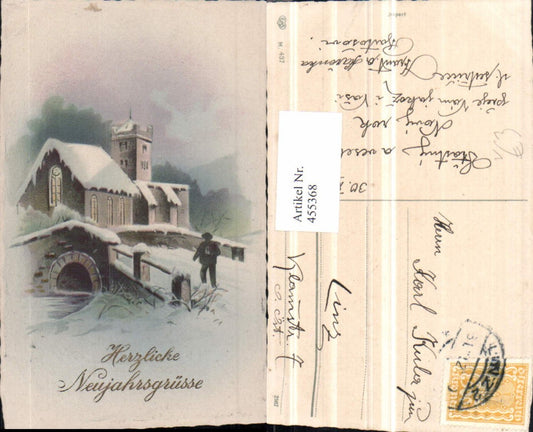 455368,Künstler AK Neujahr Kirche Brücke Winterbild pub EAS 437