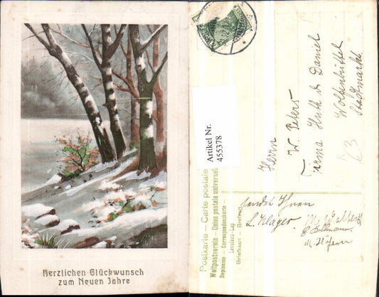 455378,Künstler AK Neujahr Winterlandschaft Bäume