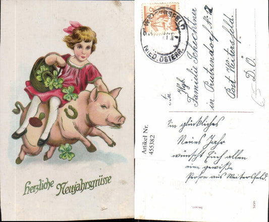 455382,Präge Künstler AK Neujahr Kind Ferkel Klee