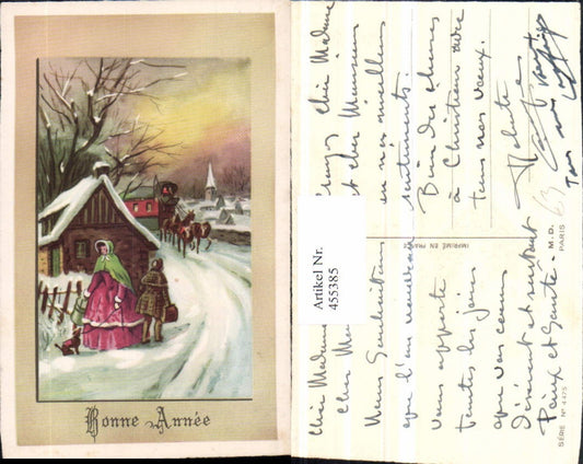 455385,Künstler AK Neujahr Dorf Frau m. Hund Pferdeschlitten Winterbild
