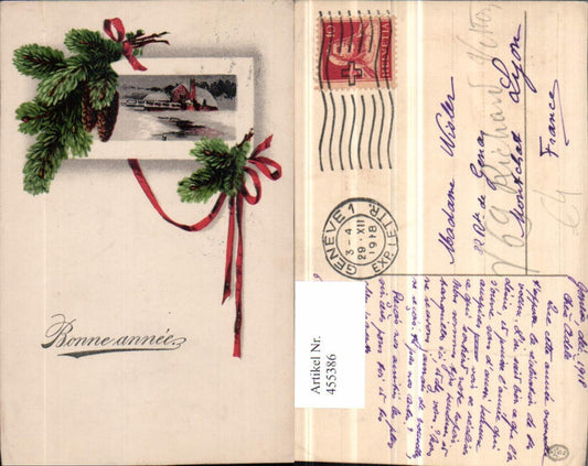 455386,Künstler AK Neujahr Winterlandschaft Passepartout Zweige Zapfen