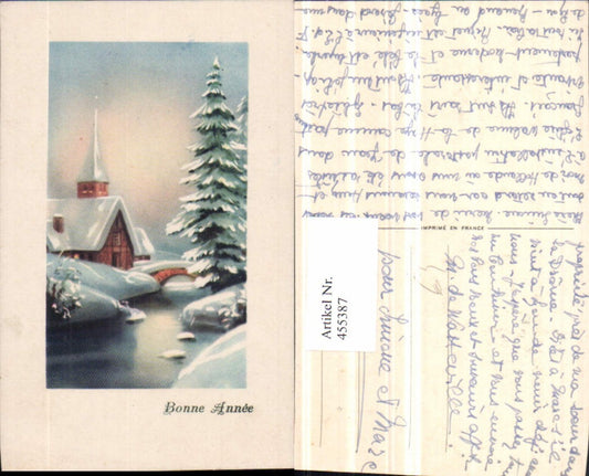 455387,Künstler AK Neujahr Winterlandschaft Kirche Brücke