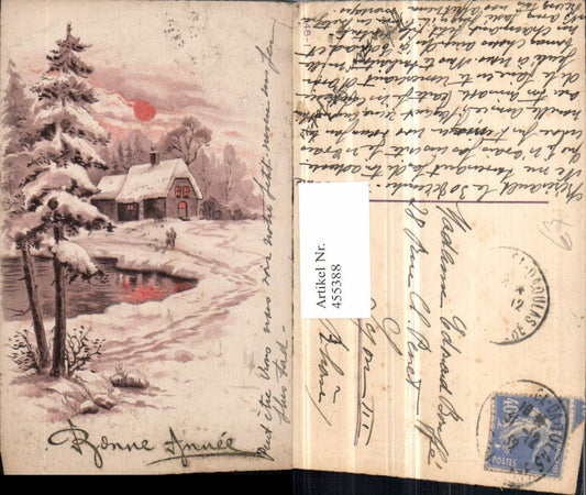 455388,Künstler AK Neujahr Winterlandschaft Haus