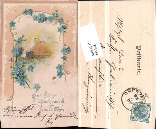 455398,Künstler Litho Neujahr Tauben Blumen