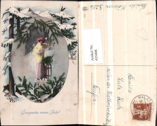 455408, Artist AK New Year Woman Sled Passepartout Trees