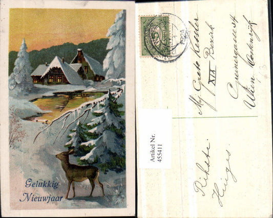 455411, Artist AK New Year Winter Landscape Deer Houses