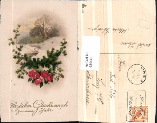 455443, Artist AK New Year Winter Landscape Branches Roses
