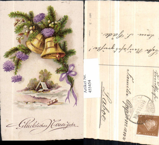 455454, Artist AK New Year Winter Landscape Bells Branches Flowers