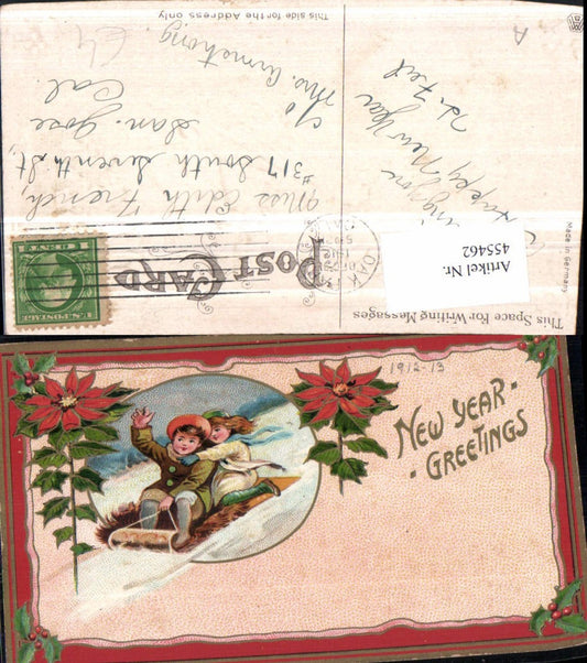 455462, Artist AK New Year Children Sled Poinsettia Flowers