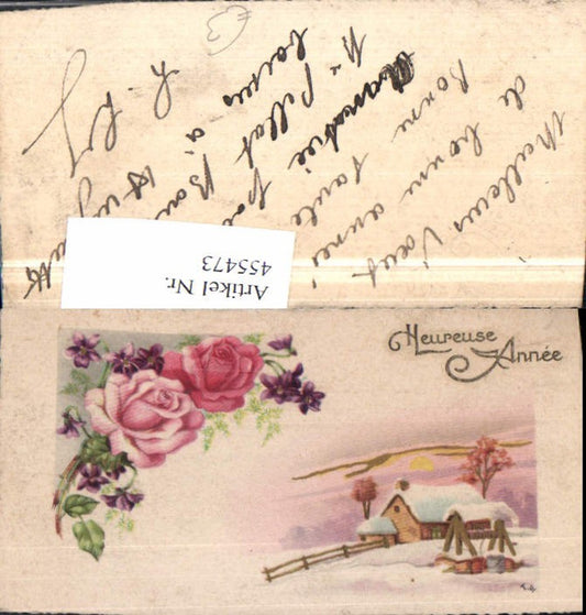 455473, Mini Artist AK New Year Winter Landscape Roses
