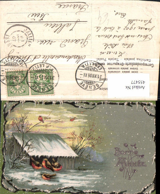 455477, embossing artist lithograph New Year birdhouse birds winter picture