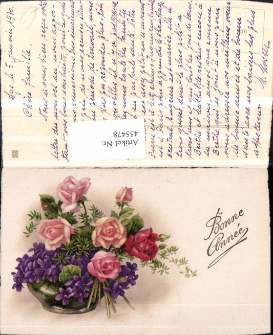 455478, Artist AK New Year Roses Flowers Violets