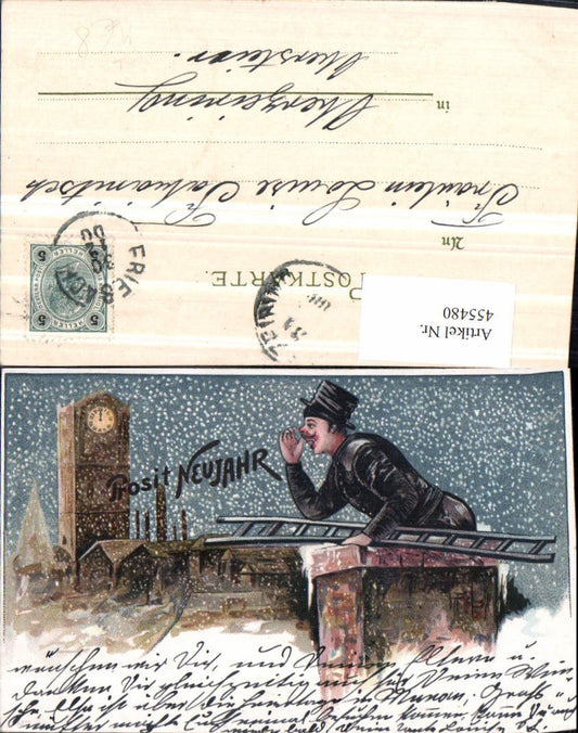 455480,Künstler Litho Neujahr Schornsteinfeger Rauchfangkehrer Glocke Turm