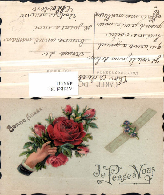 455511,Künstler AK Neujahr Aufgeklebte Bilder Rosen Hand