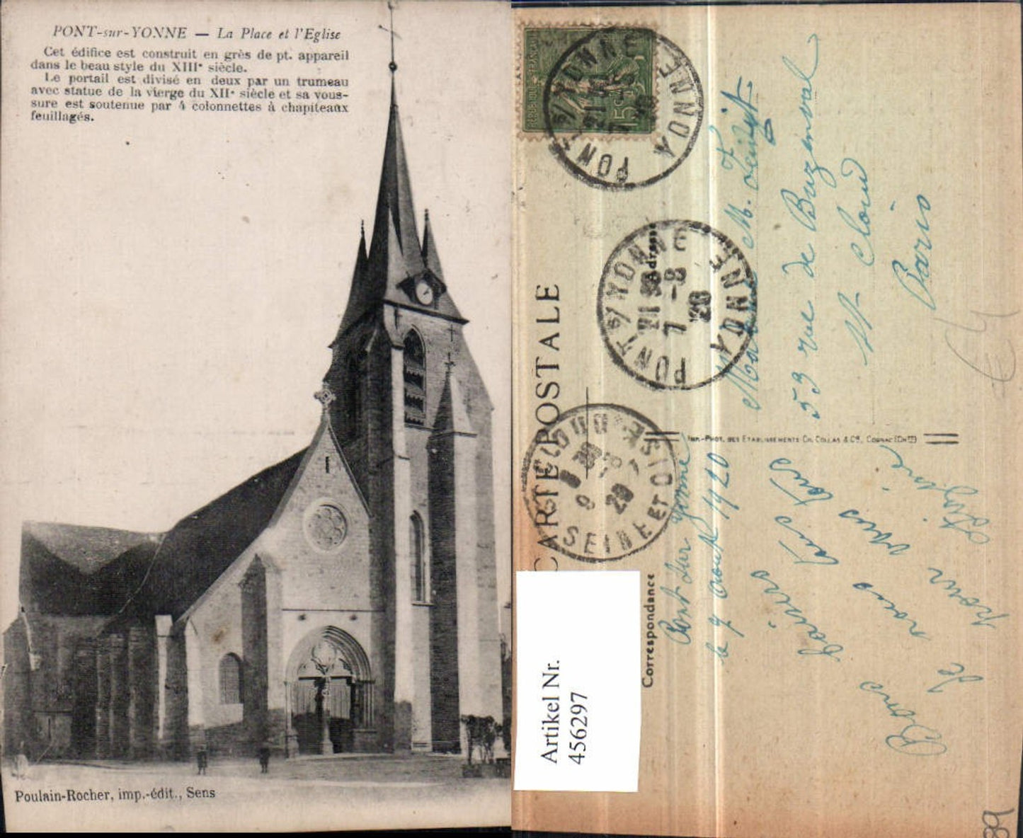 456297,Burgund Yonne Pont-sur-Yonne Place et Eglise Kirche