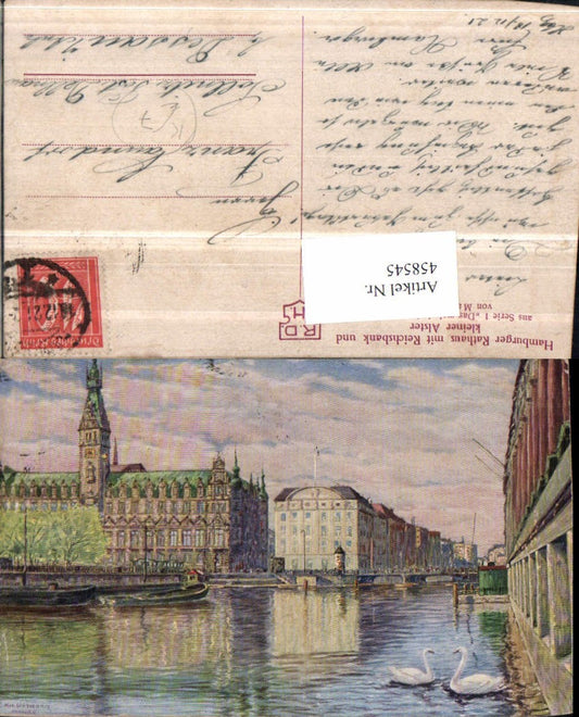 458545,Künstler AK Max Ullmann Hamburg Rathaus m. Bank Kanal