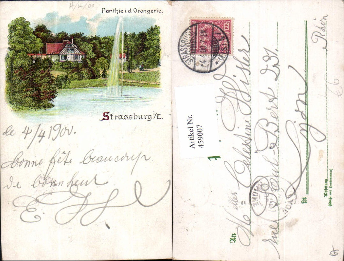 459007,Litho Elsass Bas-Rhin Straßburg Partie i. d. Orangerie