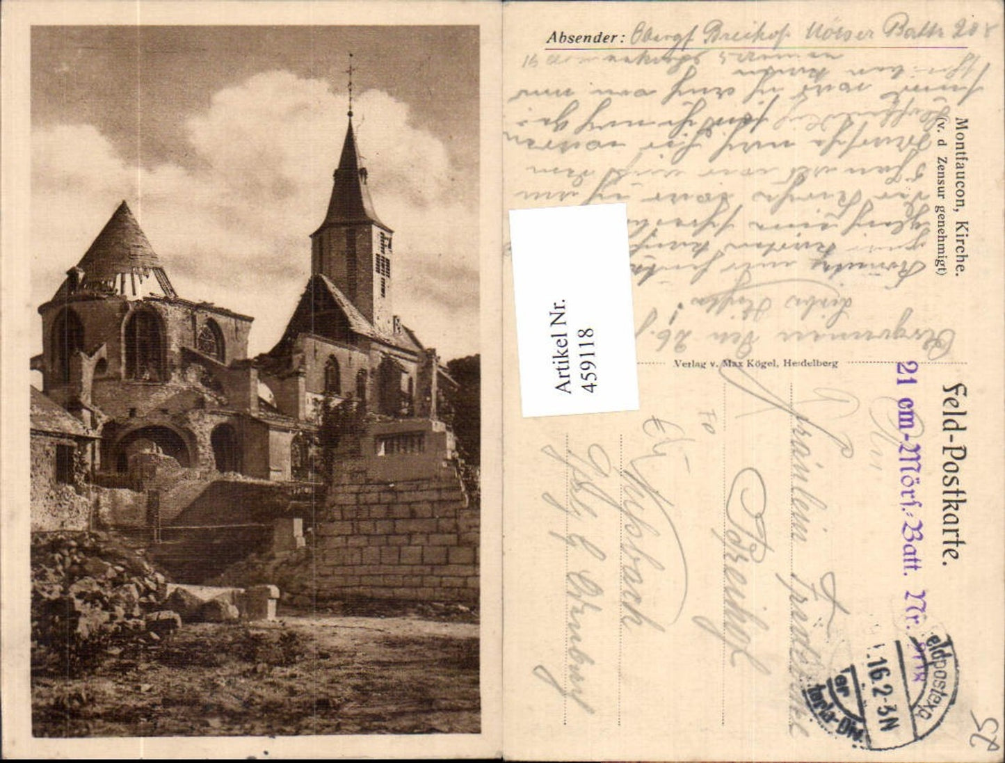 459118,Franche-Comte Doubs Montfaucon Kirche Feldpost 21 Cm Mörser Batt Nr. 208