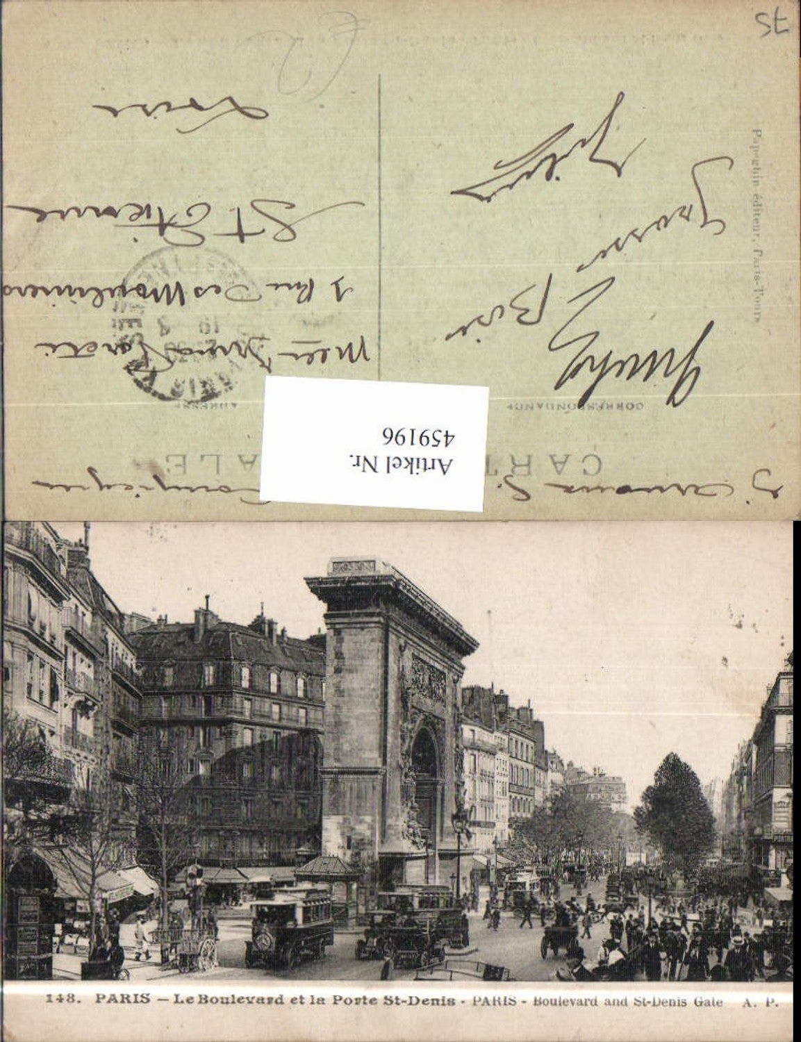 459196,Ile-de France Paris Le Boulevard et la Porte St-Denis Bus Automobil