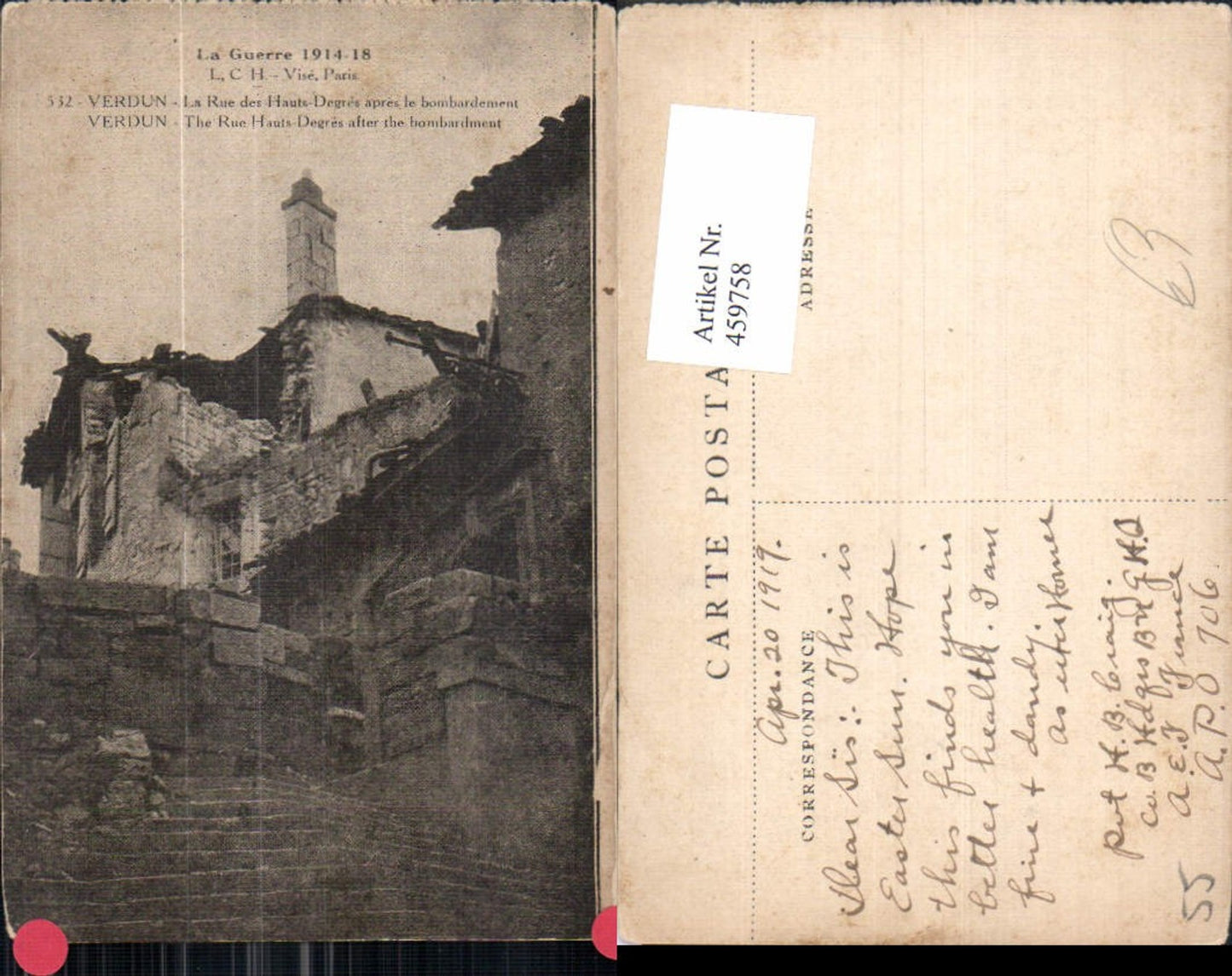 459758, Lorraine Meuse Verdun bombarded La Rue des Hauts-Degres Destroyed houses