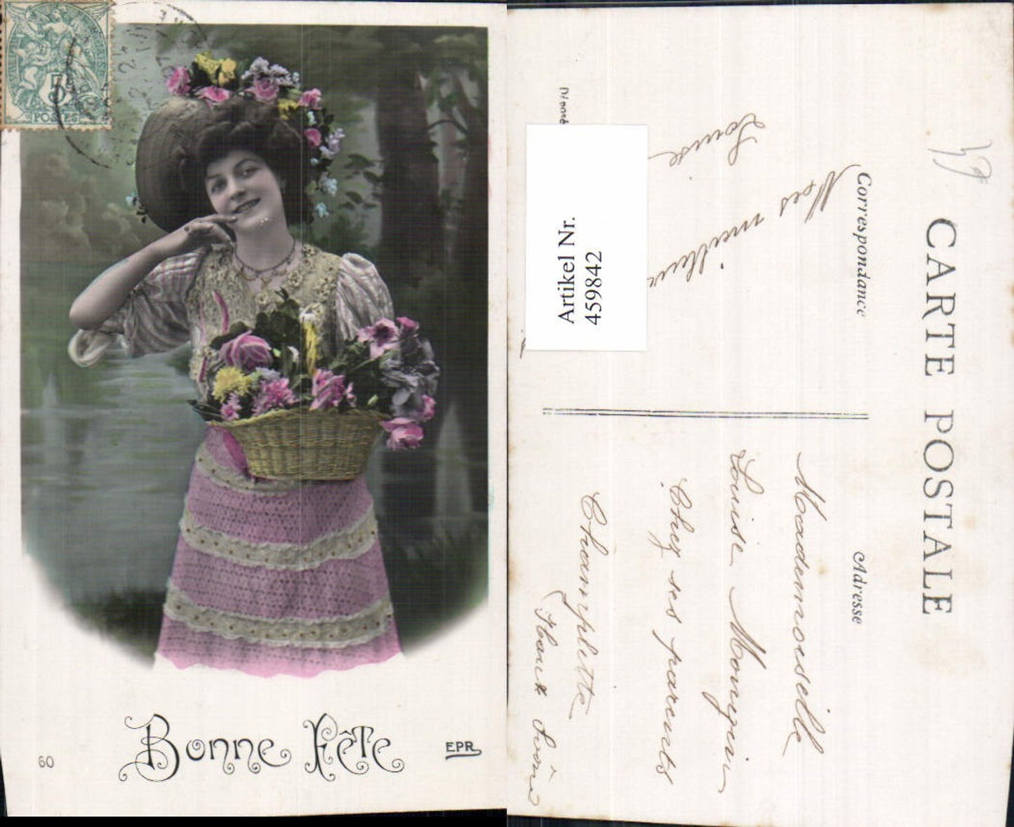 459842,Frau Hut Hat Korb Blumen Edwardian Girl Fashion Mode Photo Postcard