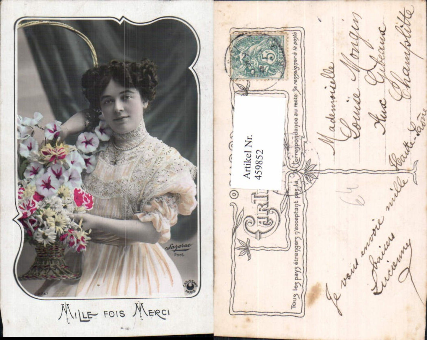459852,Frau Blumenstrauß Perlenkette Edwardian Girl Fashion Mode Photo Postcard